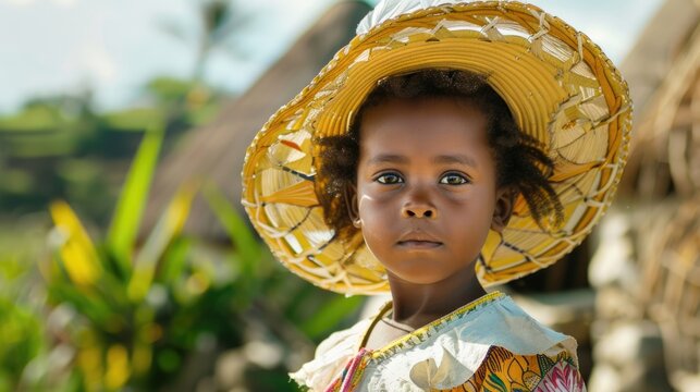 Little Malagasy girl wearing traditional striped lamba for Independence Day celebration. Sweet portrait of childhood and cultural pride