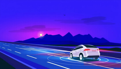 Naklejka premium Flat illustration of an autonomous car driving on a highway at sunset, showing AI navigation with sensor rings and future smart mobility concepts.