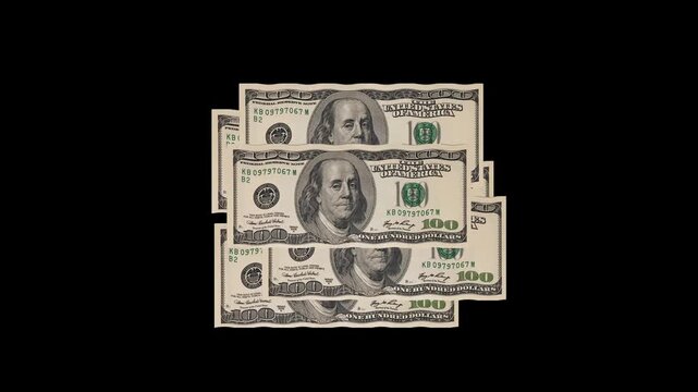 US dollar wavering nonstop and floating  in the black background. 100 dollars waves high quality moving glow 