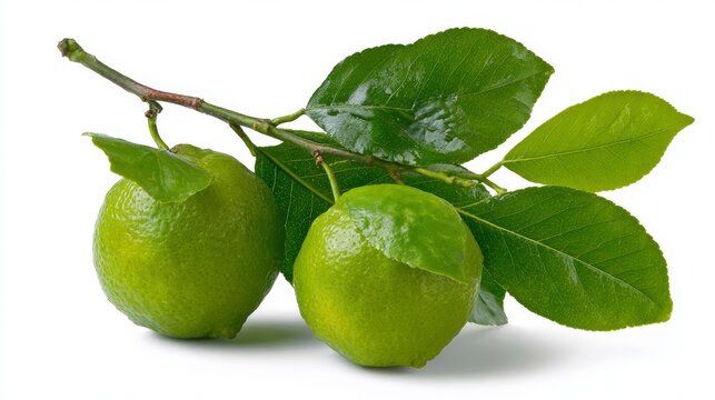 Vibrant green citrus fruit and leaves on a branch