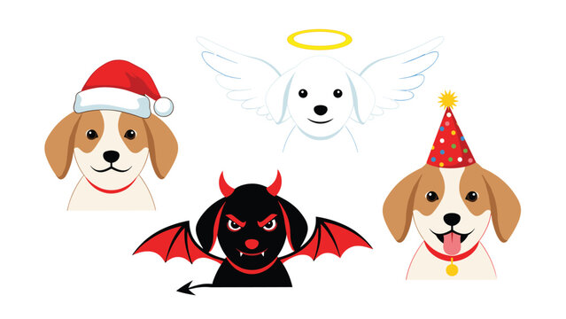 Collection of dog puppy cartoon character heads with christmas, birthday, angel, and devil themes for stickers.