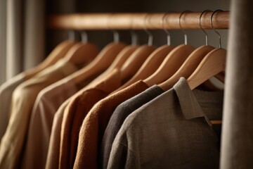 Obraz premium Close-up detail of minimalist wardrobe with natural fabric clothing on wooden hangers in organized closet space, earth tone palette curated for capsule wardrobe and mindful consumption lifestyle