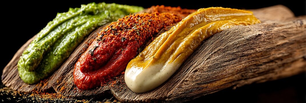 Gourmet assorted dips and spicy pastes presented on a rustic wooden board with vibrant textures and colors perfect for culinary blogs restaurant menus and Mediterranean food concepts