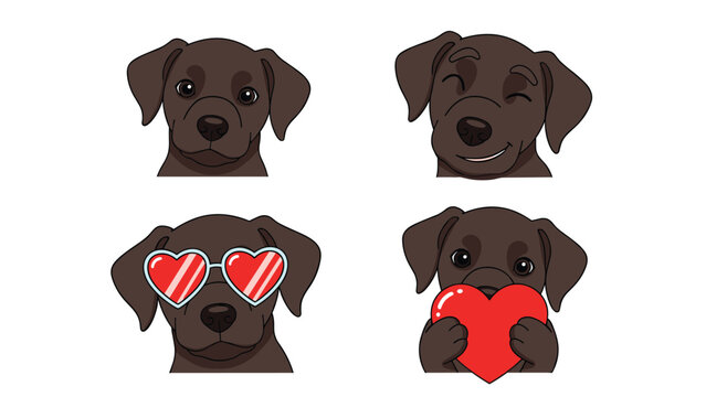 Set of four chocolate labrador retriever puppy illustrations featuring a neutral face, a wink, heart glasses, and holding a heart.