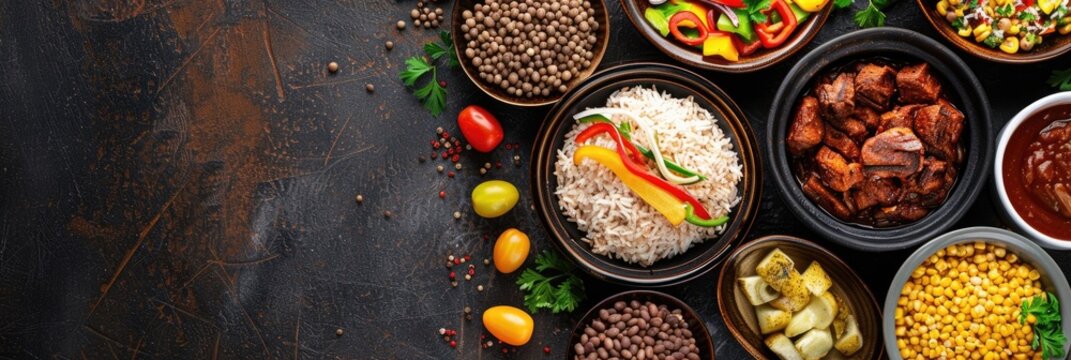 Madagascar national cuisine, traditional dishes for Madagascar Independence Day, copy space for text. Festive table setting with local food and room for holiday messages