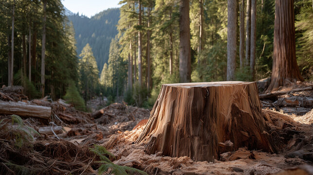 Old growth forest aftermath moment, chainsaw cut stump still weeping sap in a cleared zone, surviving ancient trees behind a clear-cut boundary, deforestation grief, logging impact, old growth loss,