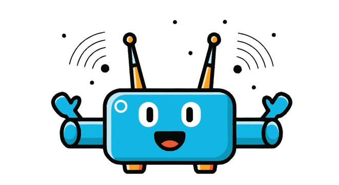 Cartoon network device smiling with arms out and radio waves isolated