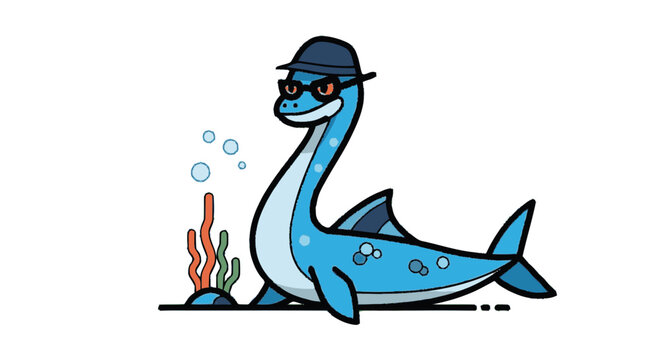 Cartoon nessie character with hat and sunglasses illustration on white background