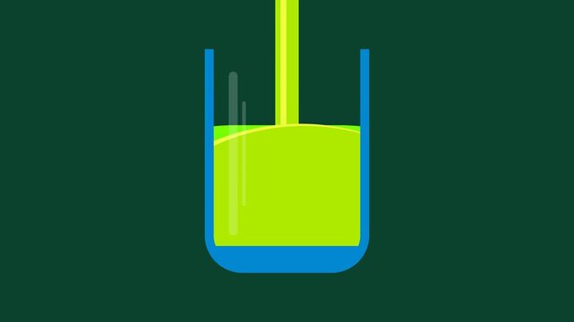 Flat design vector animation of green liquid pouring into a glass container on dark background for health and wellness concepts