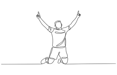 Soccer player celebrating victory on knees with arms raised in triumph single line drawing illustration hands up one finger up continuous line white background dynamic pose winning moment © Stockxy