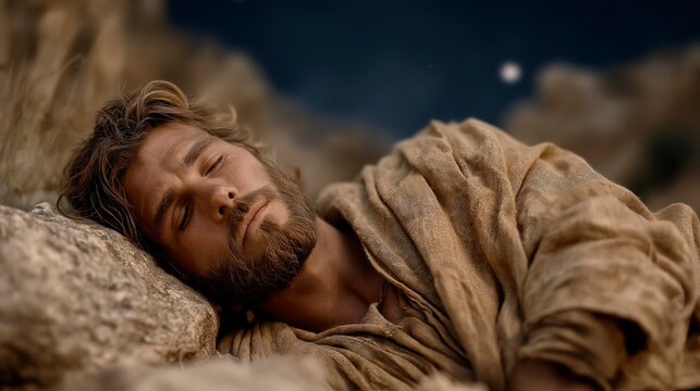 Jacob sleeps beneath a vast starry sky as a beam of light bridges heaven and earth, revealing divine presence in solitude and quiet awe.
