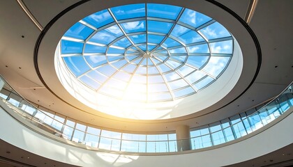 Naklejka premium An upward view shows a circular, glass-domed ceiling. Sunlight streams through the glass, illuminating the interior space. The architecture is modern