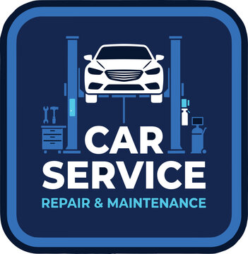 A car service logo with a car on a lift and tools around it for repair and maintenance