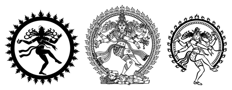 Shiva Nataraja Lord of the Dance Vector Set, Hindu God Dancing in Cosmic Fire Mandala, Spiritual Indian Mythology Illustration