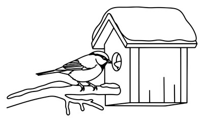 Birdhouse in Winter with Small Bird on Branch, Snow Covered Wooden Nesting Box Vector Illustration, Nature Wildlife © Luka