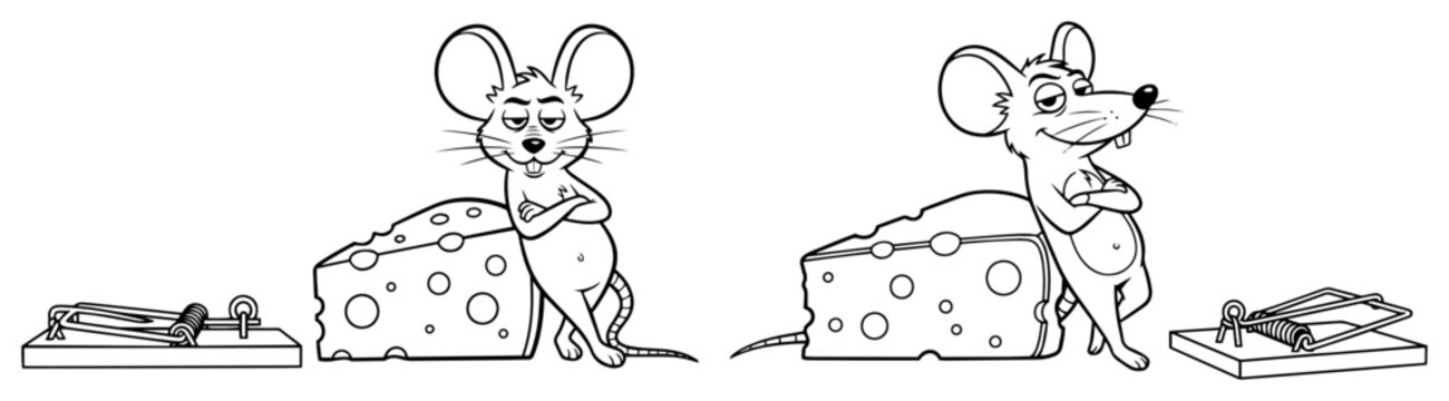 Funny Cartoon Mouse Leaning on Cheese Near Mousetrap, Clever Rat Character Vector Illustration, Pest Control Concept