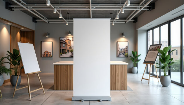 Vertical banner mockup. Blank vertical display stand in stylish workspace gallery