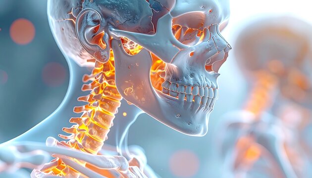 Anatomical illustration focusing on the human skull and cervical spine, rendered with glowing internal highlights
