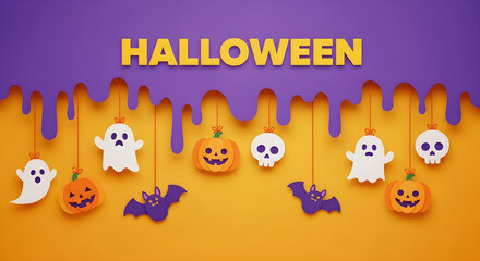 Fototapeta premium Spooky happy halloween festive orange and purple background with hanging ghost and pumpkin decorations