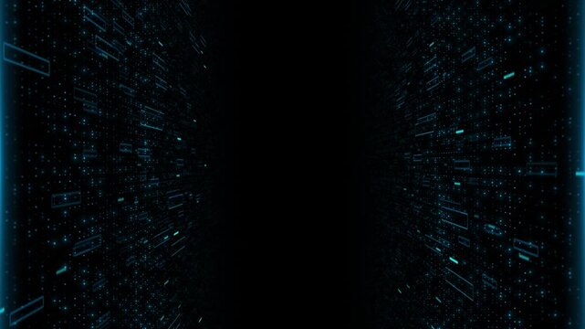 Abstract futuristic data animation glowing blue particles digital rectangles corridor background. big data flow, cyberspace network, technology communication, information transfer.