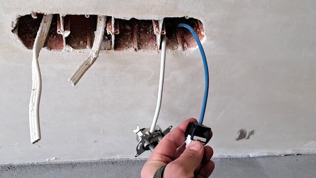 Electrician holding a blue internet rj45 cable near a wall outlet during apartment renovation.