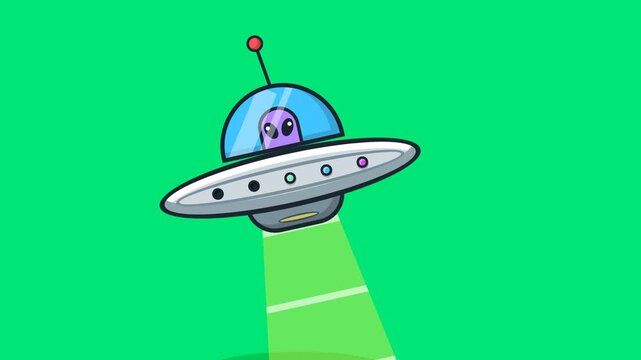 Cute Purple Alien Character in Silver Flying Saucer with Tractor Beam Light Effect