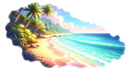 Fototapeta premium Vibrant tropical beach with palm trees, ocean waves, and colorful sky