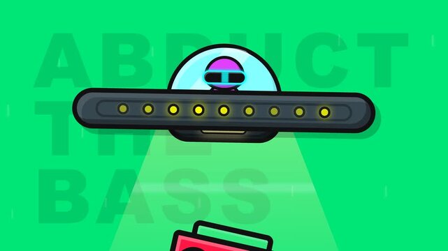 Flat Vector Animation of UFO Abducting a Boombox with Music Themed Typography on Green Background