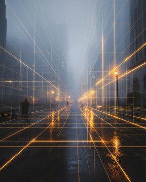 Foggy City Street with Illuminated Grid Lines Reflecting on Wet Pavement