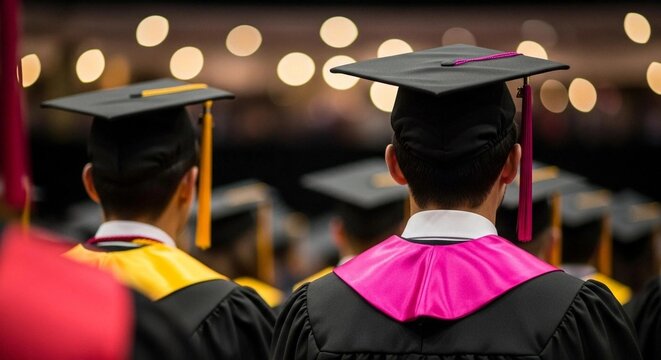 Rear view of graduates in black gowns and mortarboards with colorful stoles at a graduation ceremony in a bokeh-lit hall.