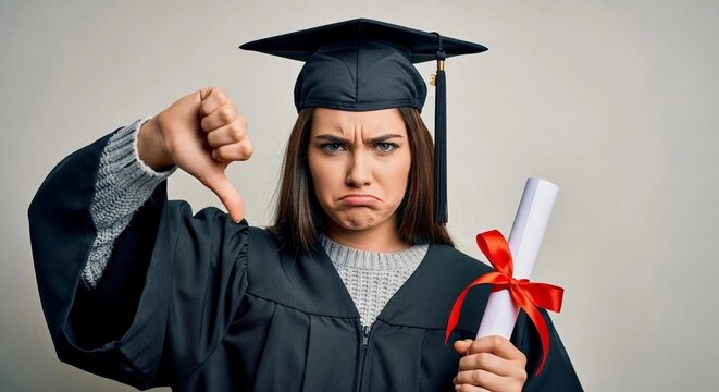 Disappointed young female graduate in academic cap and gown holding diploma and showing thumbs down gesture against neutral background.