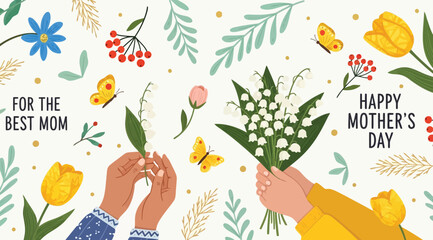 Happy mothers day greeting card with hands holding lily of the valley flowers © Saharia