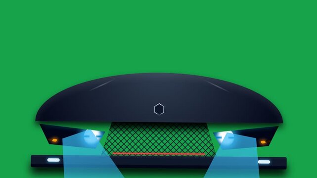 Modern Futuristic Electric Car Front View with Blue LED Headlights on Green Screen Background for Compositing