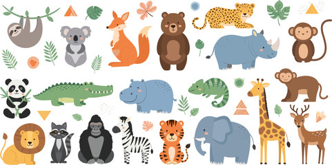 Fototapeta premium Cute Safari Animals Vector Set with Lion Elephant Giraffe Panda Monkey and Jungle Wildlife Cartoon Illustration Collection