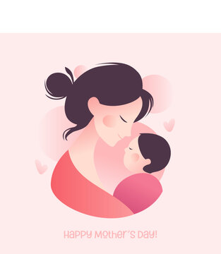 Happy Mother's Day greeting card with mother and baby minimal illustration. 