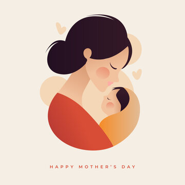 Happy Mother's Day greeting card with mother and baby minimal illustration.