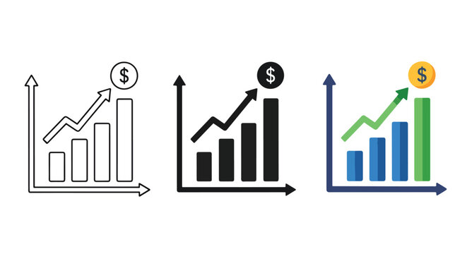 Financial growth bar chart icons with dollar signs - Line and glyph solid icon and logo template - Vector icon symbol for website - Icon vector. Icon