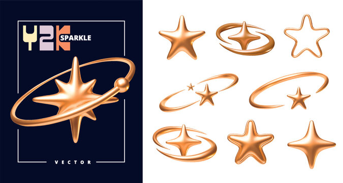 3D star spark. Bling icon galaxy. Y2K realistic trophy golden. Gold sticker award, sparkle space. Sign decor luxury. Gift festive premium glitter. Vector glow design render isolated elements set