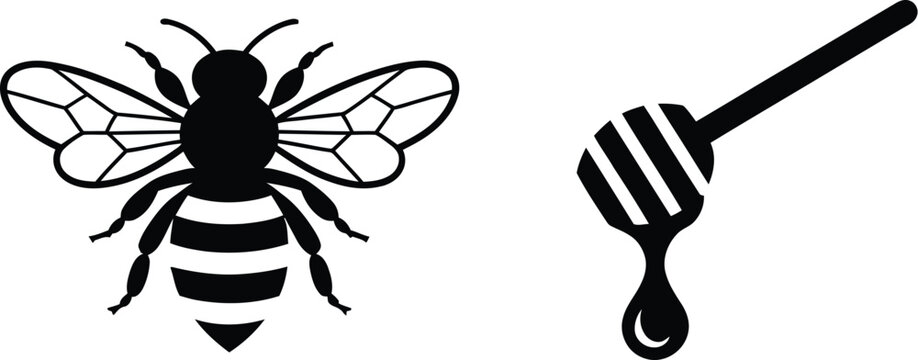 Professional honey bee and honey dipper icon set featuring a detailed bumblebee silhouette and dripping liquid syrup for organic branding.