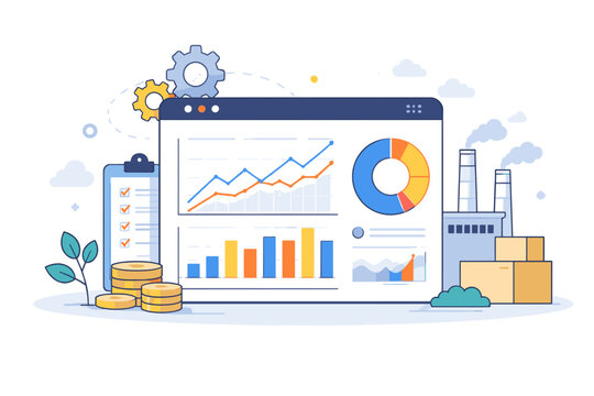Business data analytics dashboard on screen with line graphs, bar charts, and donut chart. Industrial factory, gears, checklist, and logistics boxes in a clean minimalist vector illustration.