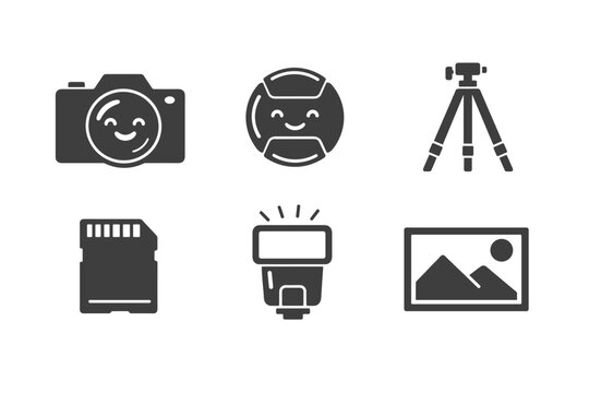 Flat design photography icon set featuring a DSLR camera with a smiling lens, happy lens cap, tripod, SD memory card, external flash, and framed landscape photo isolated on a white background.