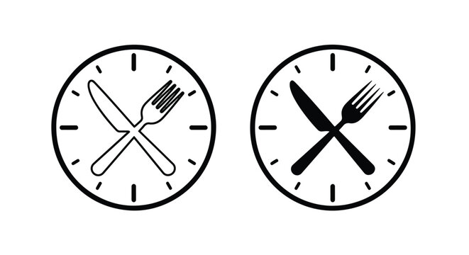 Dining time clock icons with fork and knife set - Modern style icon. Vector icon set. Glyph and solid icon set. Icon vector. Flat Design Icon. line icon set