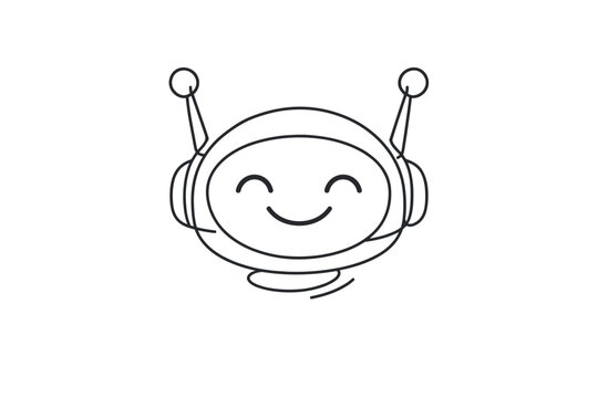 Minimalist Continuous Line Art Illustration of a Friendly Robot Head with a Smiling Face and Antennae, Cute Chatbot Icon for Artificial Intelligence, Technology, and Modern Digital Assistance