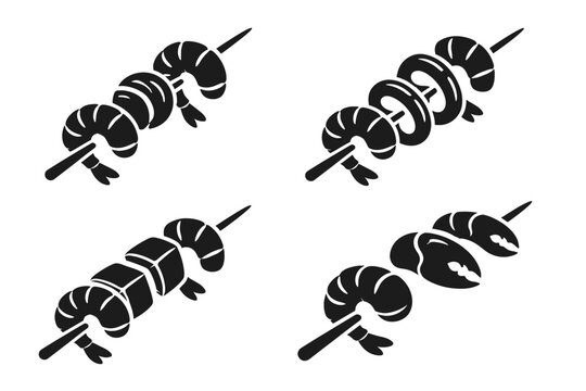 Set of Seafood Skewer Icons Featuring Shrimp Prawns Crab Claws Calamari Rings and Fish Cubes Solid Black Vector Silhouette Illustrations for Restaurant Menus BBQ Grilling and Creative Food Design