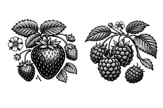 Vintage engraved botanical illustration of strawberries and raspberries with leaves and flowers. Hand-drawn retro berry sketch in woodcut or linocut style for organic food packaging and design.