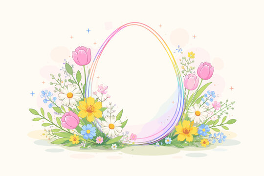 Happy Easter Greeting Card and Social Media Post Template with a Large Egg Frame Surrounded by Colorful Spring Flowers, Tulips, and Daisies on a Pastel Background for Holiday Web Banner Illustration