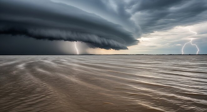 A dramatic thunderstorm rolls in across a wide body of water, with intense lightning strikes illuminating the turbulent sky and choppy waves.