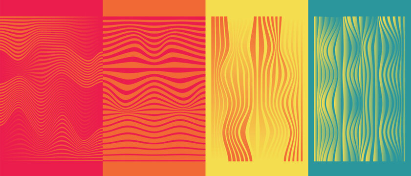 Abstract poster collection with flowing linear waves. Dynamic striped compositions. Minimal cover layouts for futuristic creative background design. Vector illustration