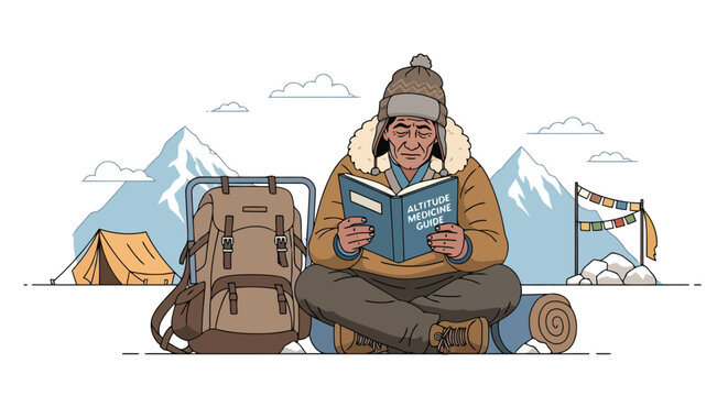Elderly explorer reading an altitude medicine guide while camping in the high mountain peaks isolated on white background