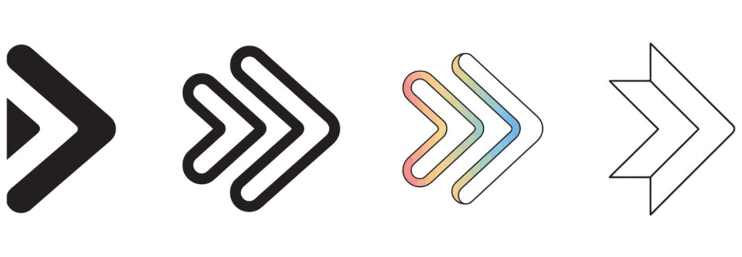 Set of four arrow icons with varied styles and colors, indicating direction and movement